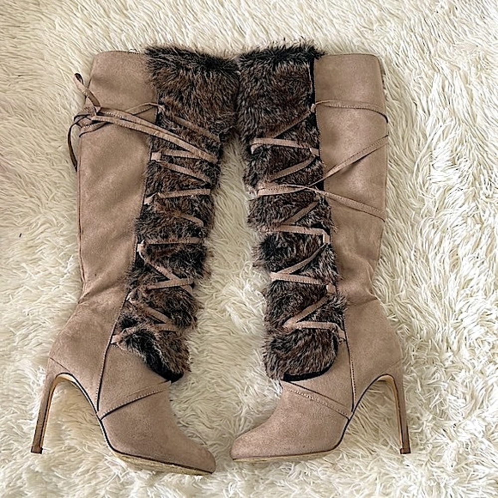 Suede Light Taupe Lace Up Faux Fur Boots - Picture 15 of 17